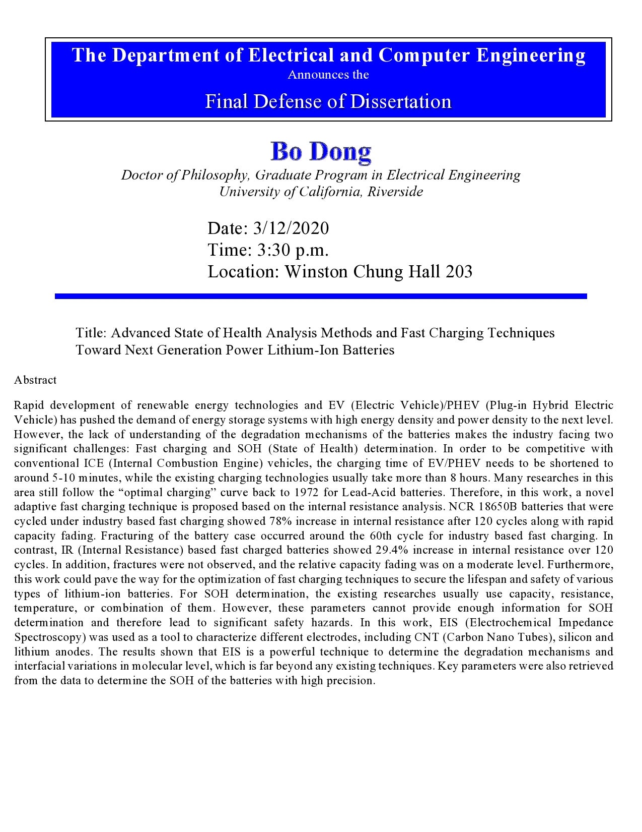 DONG, Bo PhD Dissertation Defense Flyer