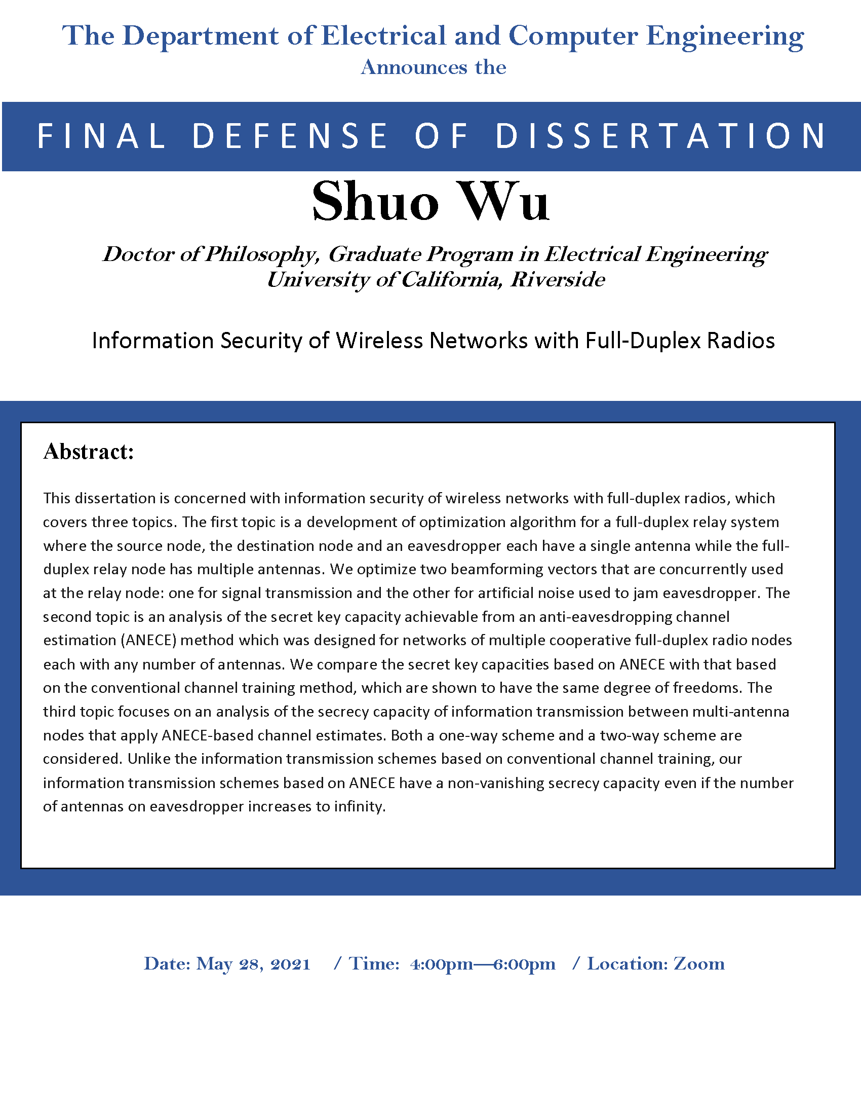 Final Defense of Dissertation: Shuo Wu 