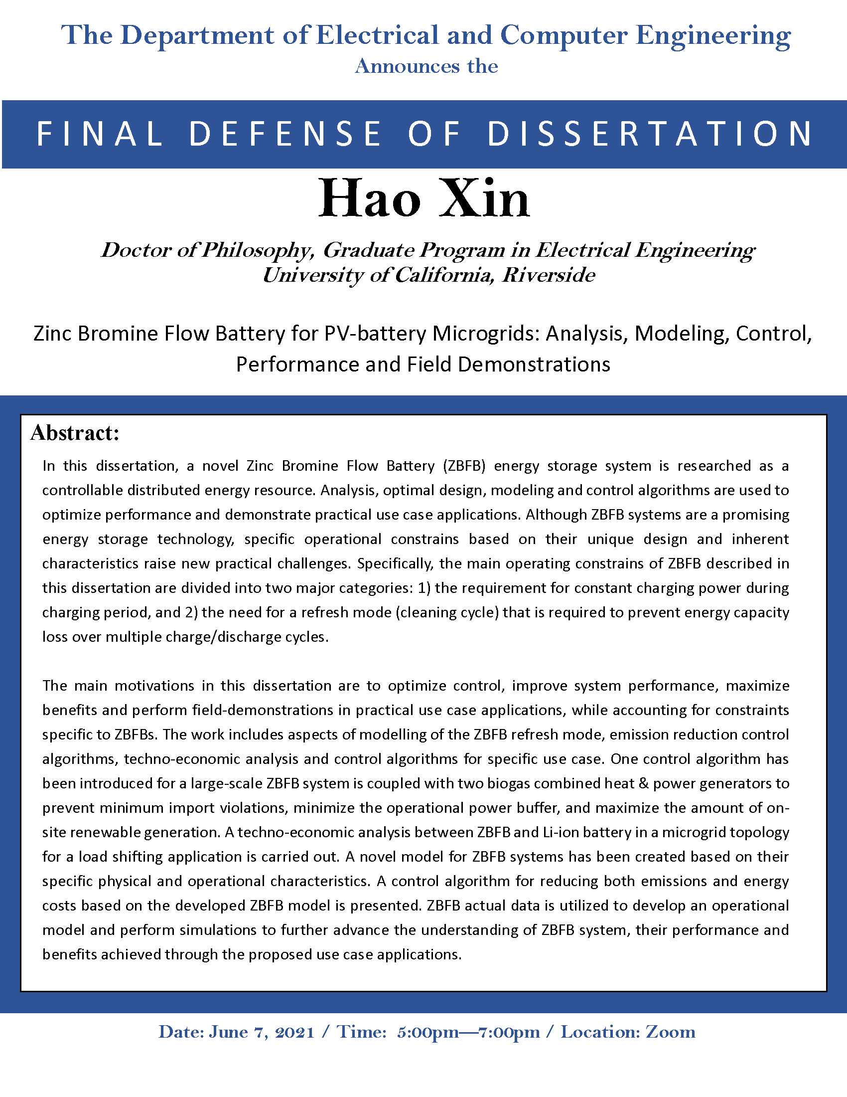Final Defense of Dissertation: Hao Xin