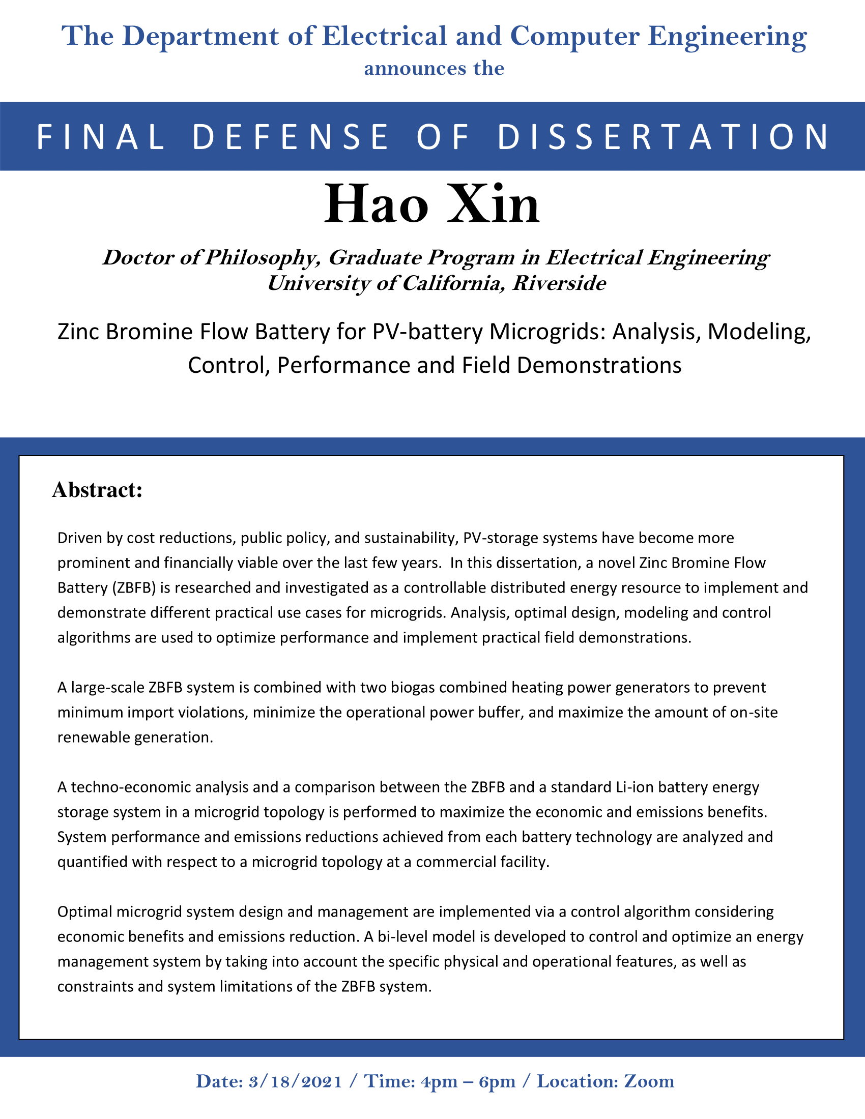 XIN, Hao PHD Dissertation Flyer