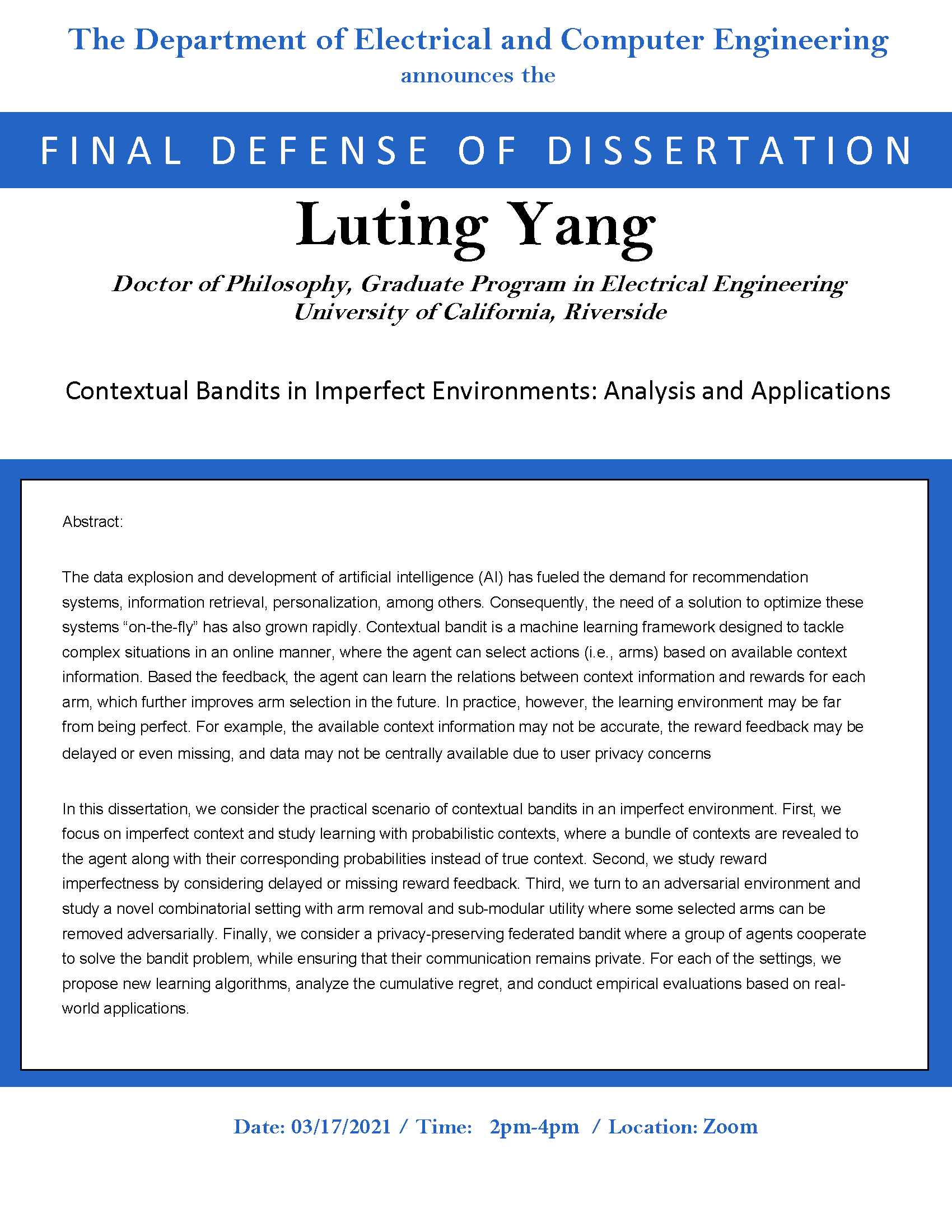 Final Defense of Dissertation: Luting Yang