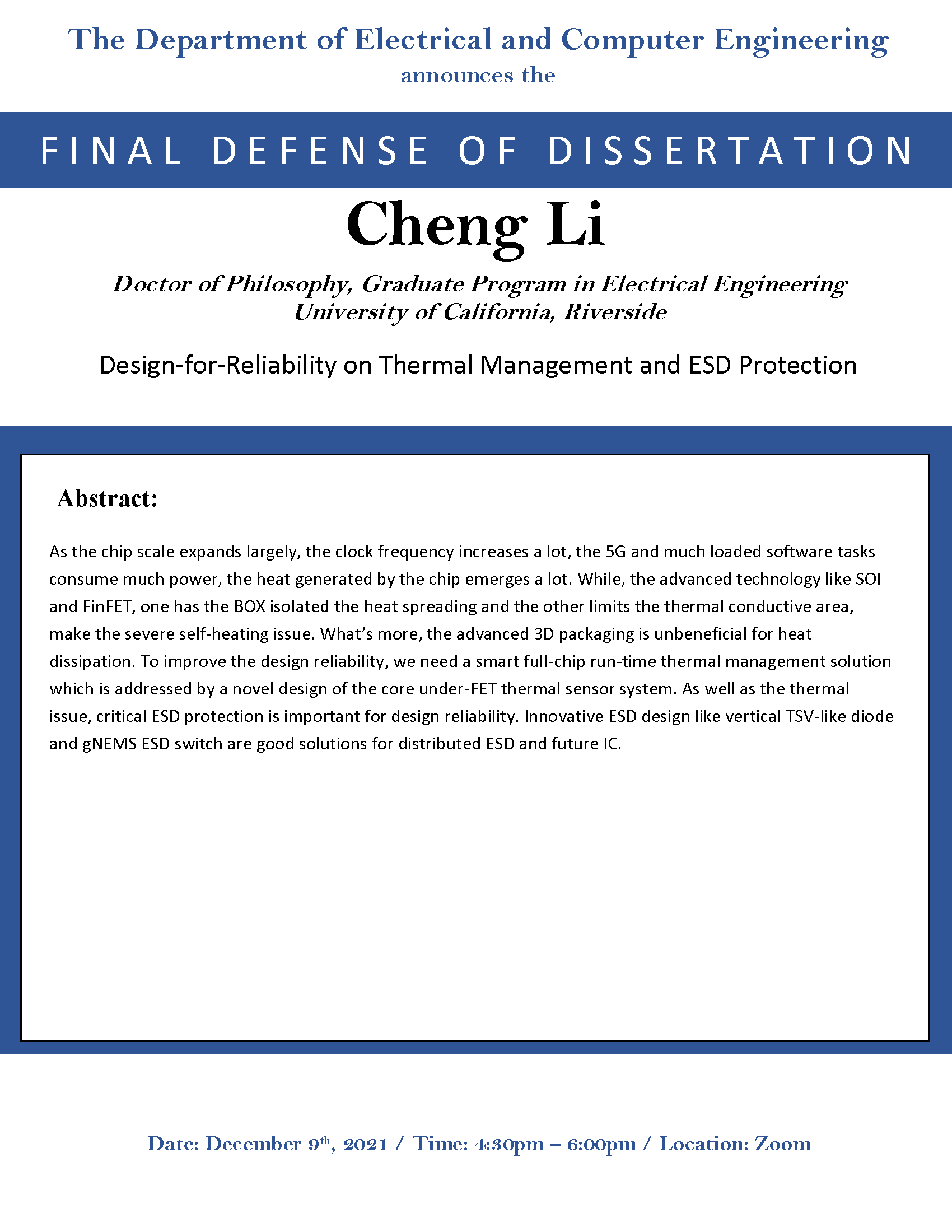 Cheng Li PhD Dissertation Flyer